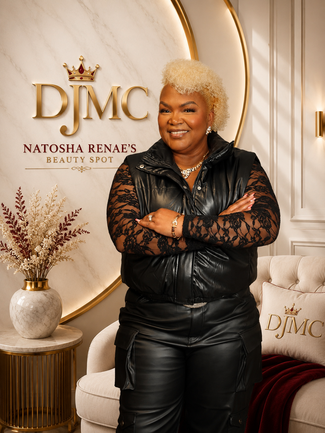 Dr. Natosha Renae, founder of Natosha Renae's Beauty Spot, in front of the DJMC brand wall