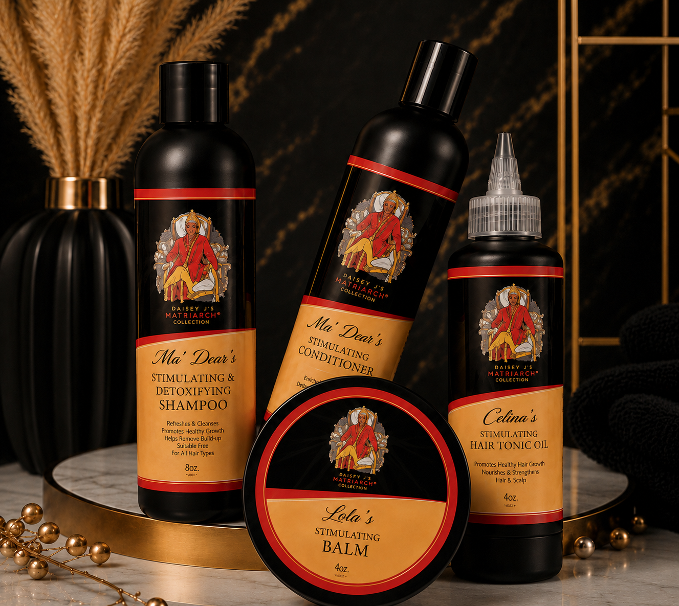 Daisey J's Matriarch Collection products displayed in a luxury setting